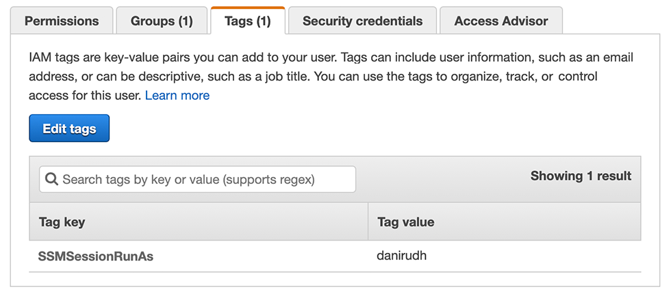 AWS console showing username danirudh tagged with SSMSessionRunAs