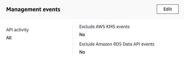 CloudTrail management events console indicates that all API activity is logged.