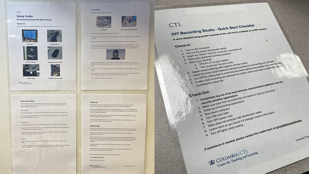 Four laminated documents are posted on the wall of the DIY studio. These documents are best practices guide with easy to follow numbered steps for recording setup. Another checklist document for checking in and out is on the table next to the station power strip.