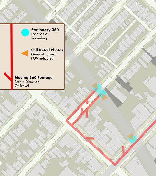 A map of the Greek-American neighborhood of Astoria, Queens. Some of the streets are marked with red lines to indicate path and direction of camera movement. Teal circles marks stationary 360-degree video locations, and orange triangle represents still photo locations.