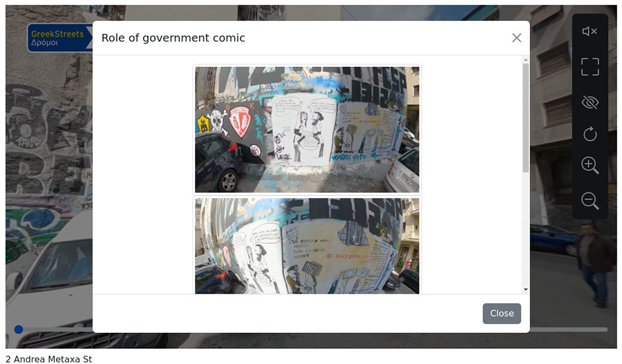 A screenshot showing a modal containing an enlarged photo of graffiti on the wall found at 2 Andrea Metaxa St. The graffiti is a comic on the role of goverment. The text are in Greek.