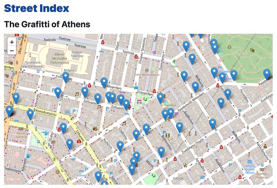 A map of Athens, street index of the grafitti of Athens. The blue markers on the map are indicators of the locations of 360-degree videos captured for this project. The street names on the map are in Greek.