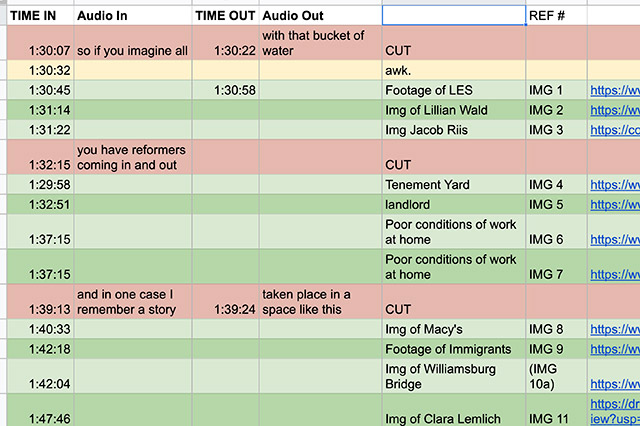 A spreadsheet with multiple table columns for comments, timestamps, to demostrate the cumbersome, error-prone way of sharing video feedback.