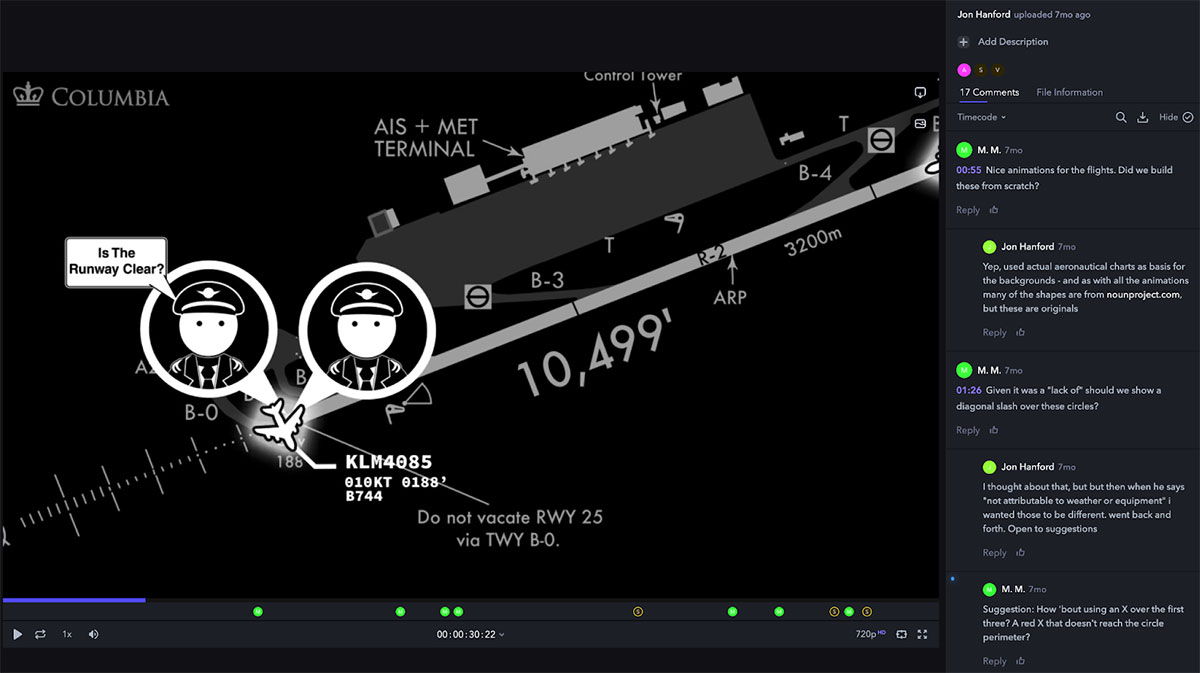 A screenshot of Frame.io interface. The video plays on the left side, and the associated discussion thread is on the right side.