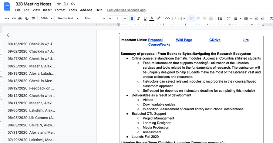 This is an example of an internal meeting notes document for the project, From Books to Bytes: Navigating the Research Ecosystem. The navigable outline on the left indicates every meeting that took place throughout the course of the project and the text within the document contains easy access to important information that is often relevant to the project.