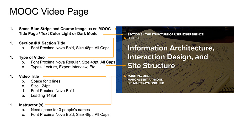 Example page from our Spec Deck for the MOOC Essential Graphics we generated that shows an image of the MOOC Video Page and the specifications required for replication.