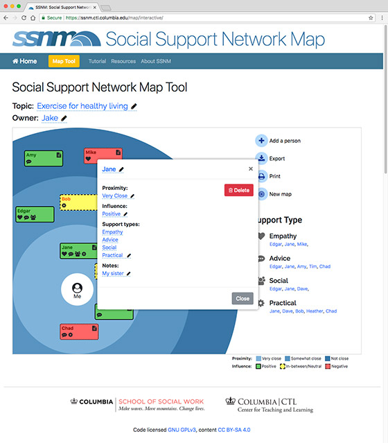 This is a sreenshot of the web version of the interactive social mapping tool, and it contains pop-up modals