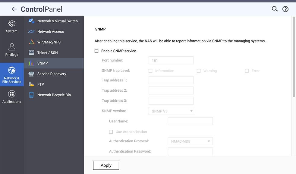 Screenshot of SNMP configuration in QNAP QTS.